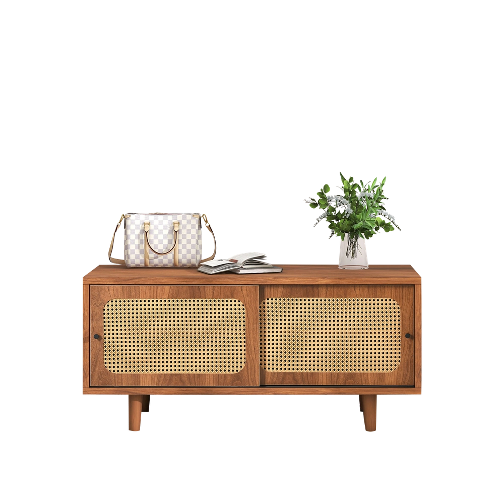 Scarpiera con 2 Ante in Rattan ¨C MINIMAL ¨C Legno Noce, Ripiani Regolabili, 104x40x48 cm
