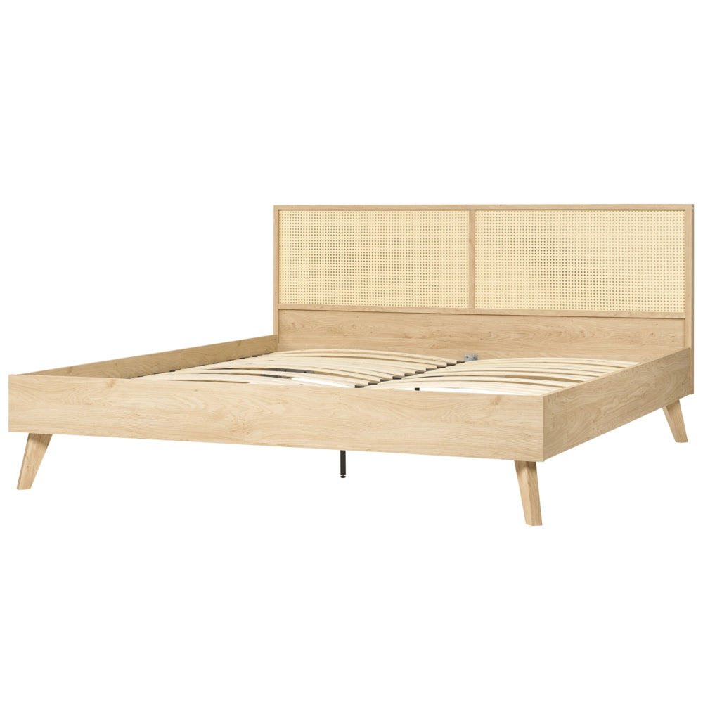 Letto matrimoniale in legno di pioppo chiaro con testiera in vimini 180 x 200 cm camera da letto moderna boho minimalista