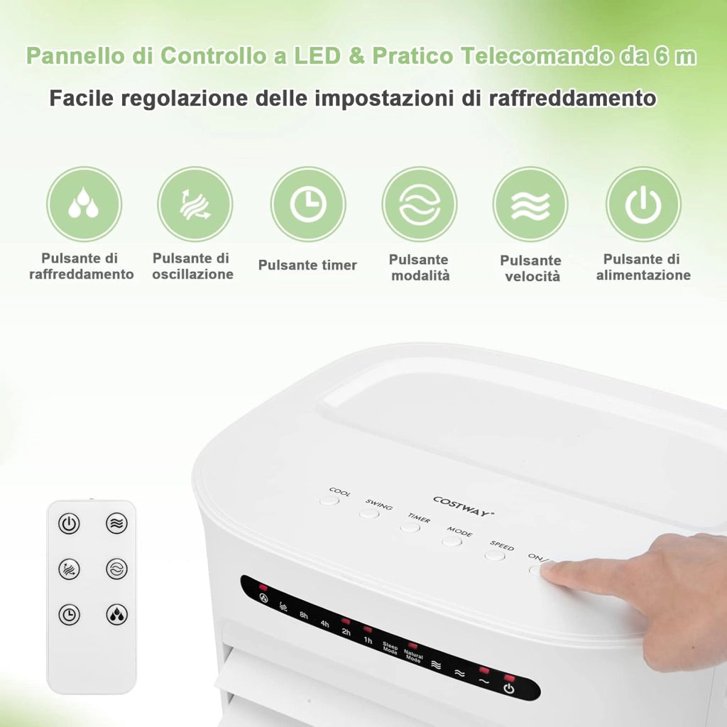 Condizionatore Portatile 4 in 1, Con Raffreddamento, Ventola, Umidificazione, Purificazione, Serbatoio dell’acqua di 10 L, 15H Timer, Con Telecomando e Ruote