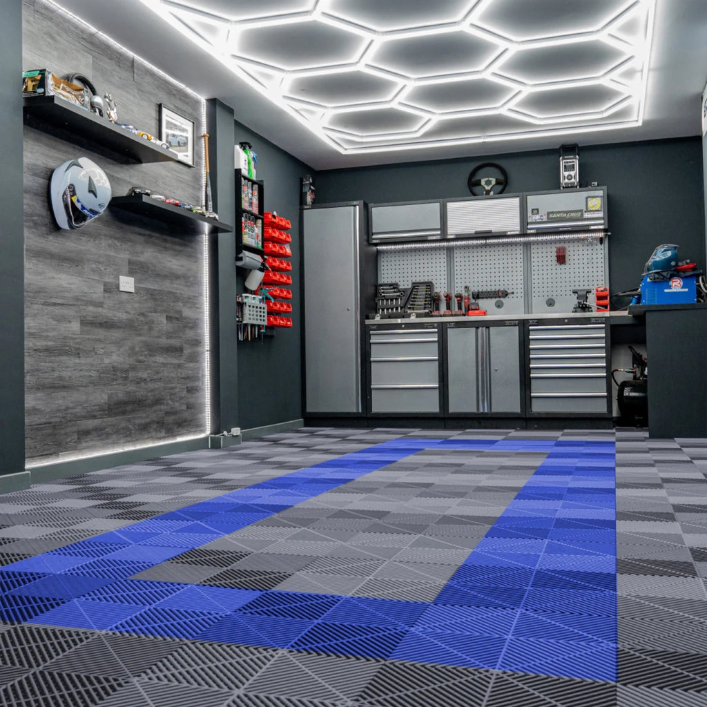 Luci LED Esagonali x 2 e Piastrelle Ventilate per Pavimento Garage con Bordi - 165 Grigie & 60 Blu