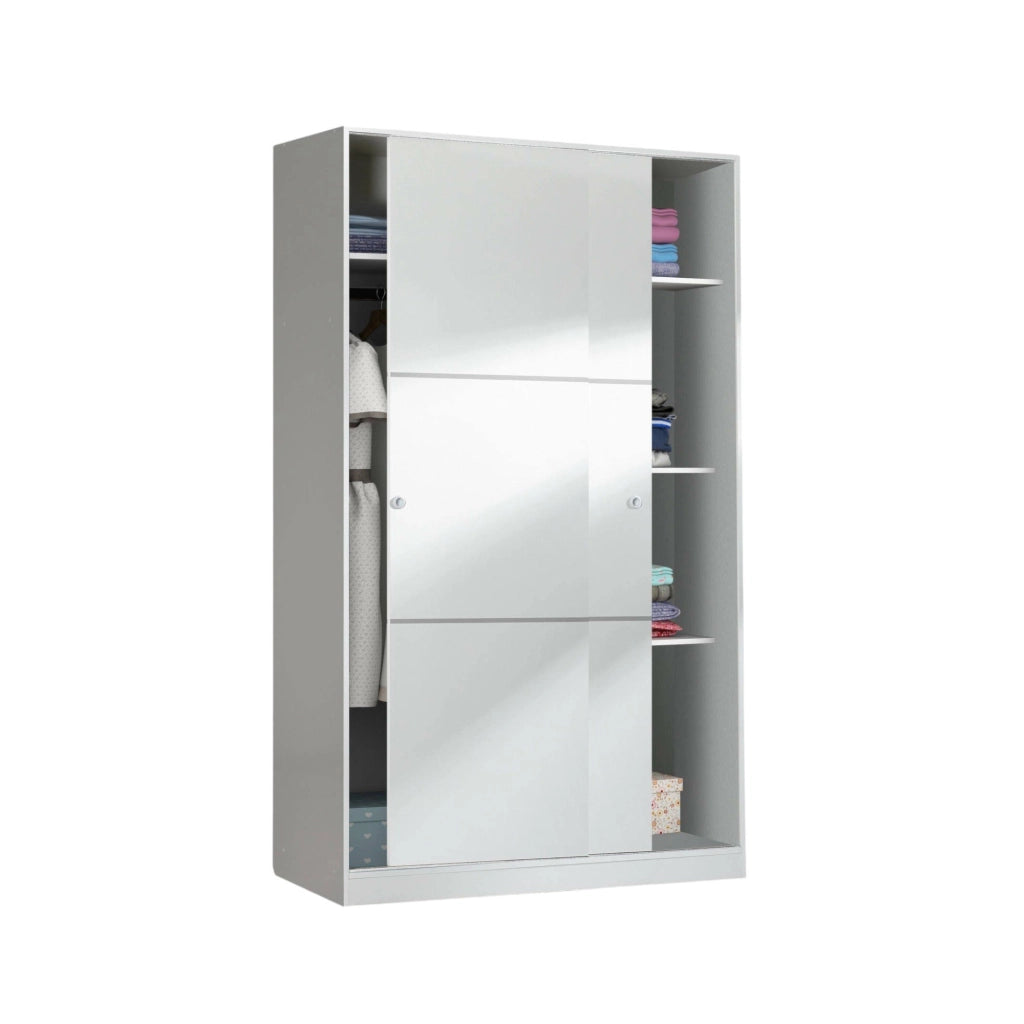 Guardaroba Adrenalin, Armadio per camera da letto a 2 ante scorrvoli, Mobile con 3 ripiani e barra appendiabiti, cm 120x50h200, Bianco lucido