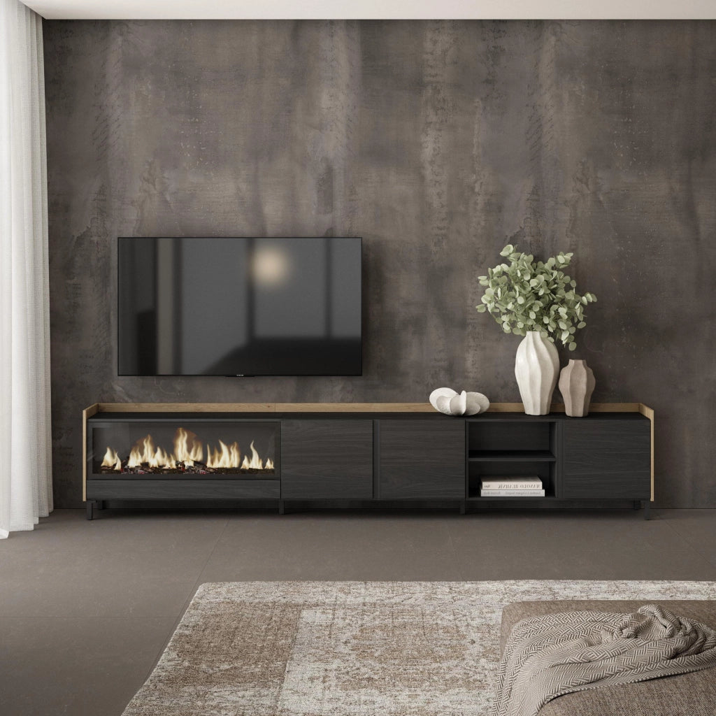 Mobile TV Soggiorno, 315x61x35 cm, Per TV fino a 80", Camino elettrico XXL, Design industriale, Nero e rovere