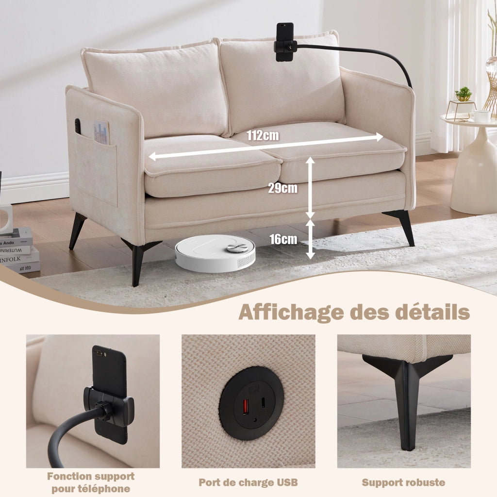 Divano 2 Posti con Supporto Regolabile per Telefono e Tasche Laterali in Ciniglia Beige 127 × 69 × 66 cm