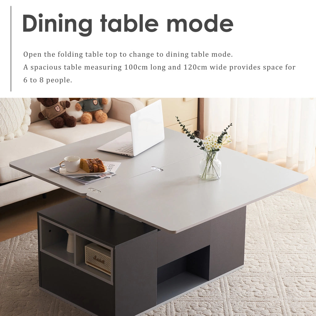 Tavolino basso sollevabile 2 in 1 con 2 cassetti e vani aperti, per soggiorno, in truciolato grigio, 100 × 51 × 47 cm