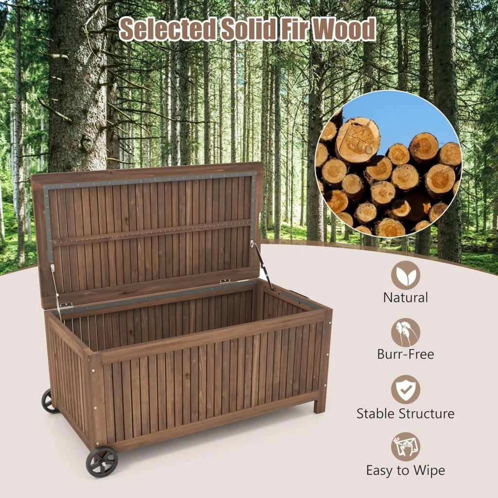 Scatola da giardino in legno, resistente alle intemperie, 213 l, con tasca interna, contenitore con ruote, con coperchio e manico, 114 x 58,5 x 51 cm
