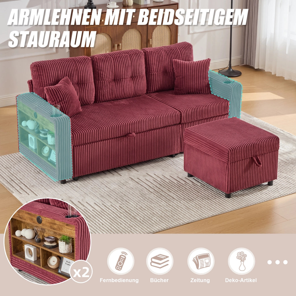 Divano letto modulare in velluto a coste con vano contenitore, USB-C, LED e portabicchieri vino rosso
