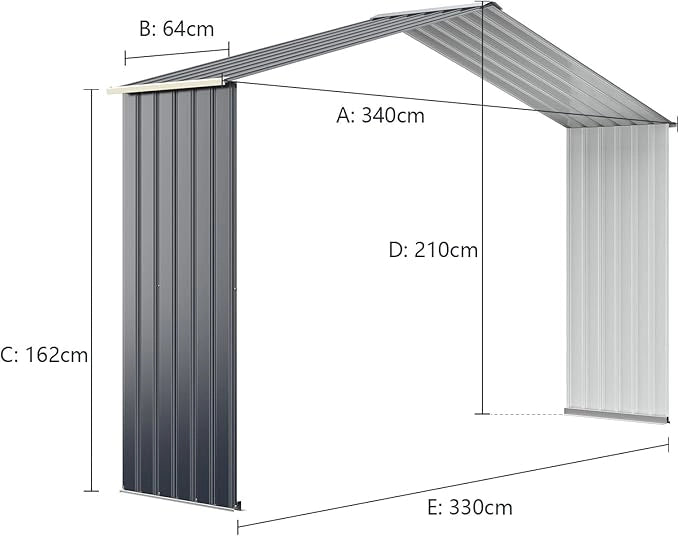 Casetta da Giardino Porta Attrezzi in Lamiera Acciaio Zincato, Capanno da Esterno con Tettoia, Sfilati e Ante Scorrevoli, Adatto a Cortile, Giardino e Fattoria (330 x 64 x 210 cm)