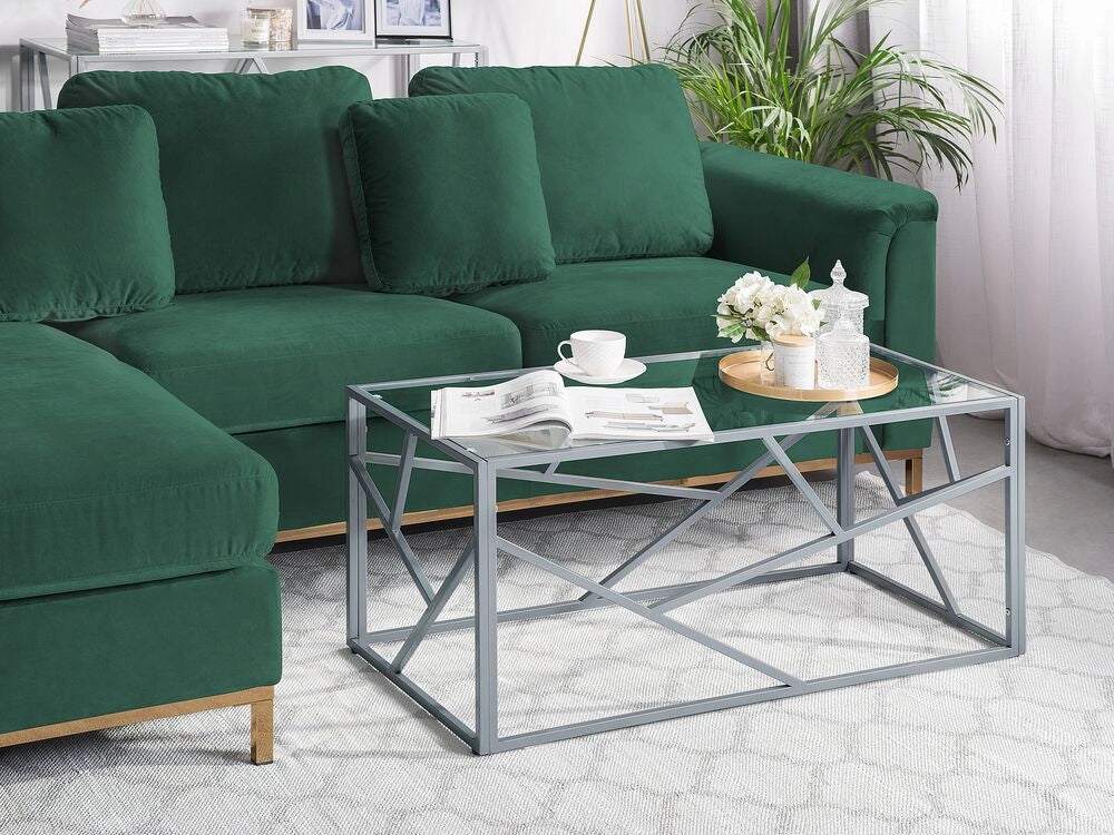 Tavolino da caffè con struttura in metallo argento piano in vetro design geometrico glam