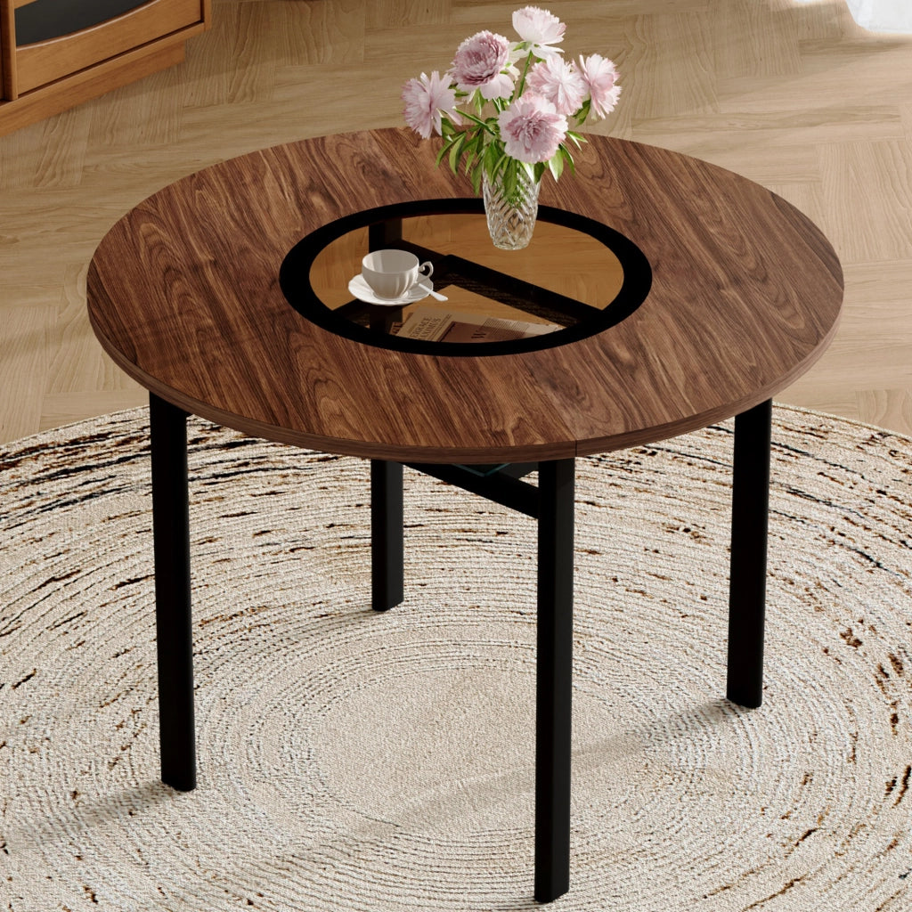 Tavolo da pranzo rotondo con piano in MDF e inserto in vetro, per 4-6 persone, per sala da pranzo, 100 cm