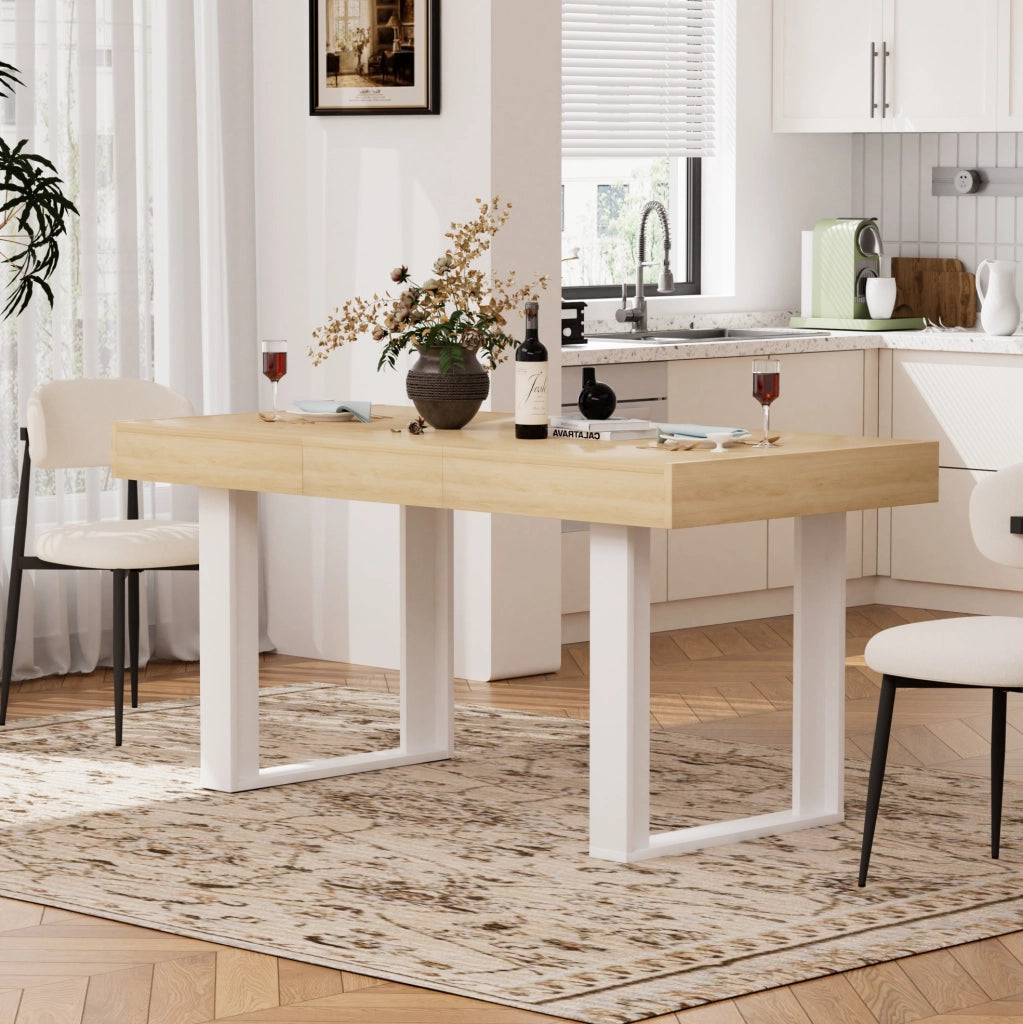 Tavolo da pranzo allungabile 120-160 cm per 8 persone in pannello truciolare naturale e bianco