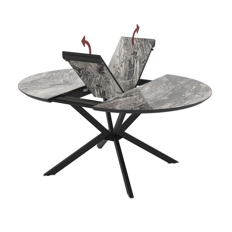Tavolo allungabile Dobok con allunga 34 cm colore piano effetto marmo nero arabesque lucido e gambe in metallo nero
