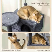 Albero per Gatti Alto 140 cm con 2 Casette, Lettino e Amaca per 2-3 Gatti, Rivestimento Peluche, Grigio