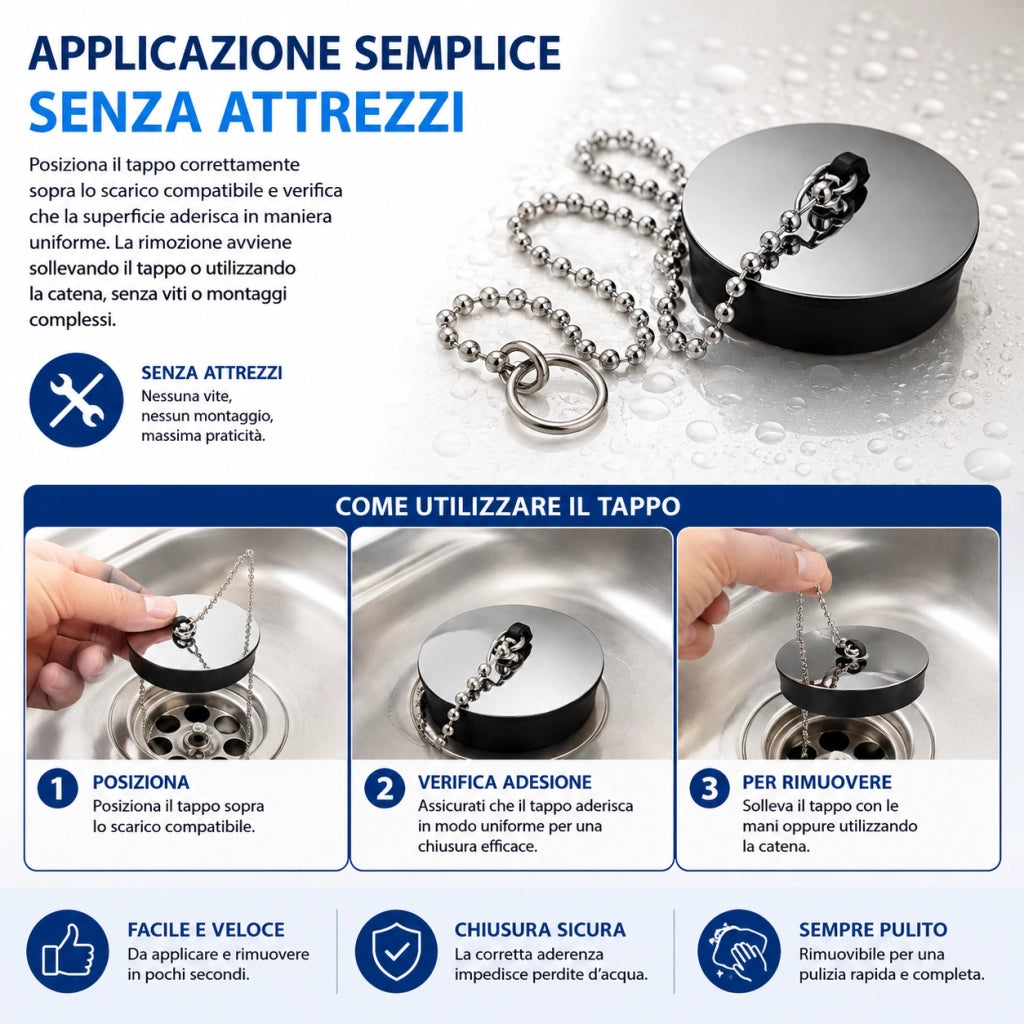2 Tappi Universali Lavello Ø4 cm con Catena Cucina Bagno Vasca 10394