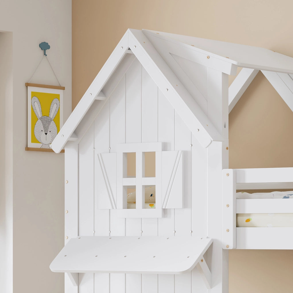 Letto a castello per bambini bianco 90x200 cm con finestre e tetto