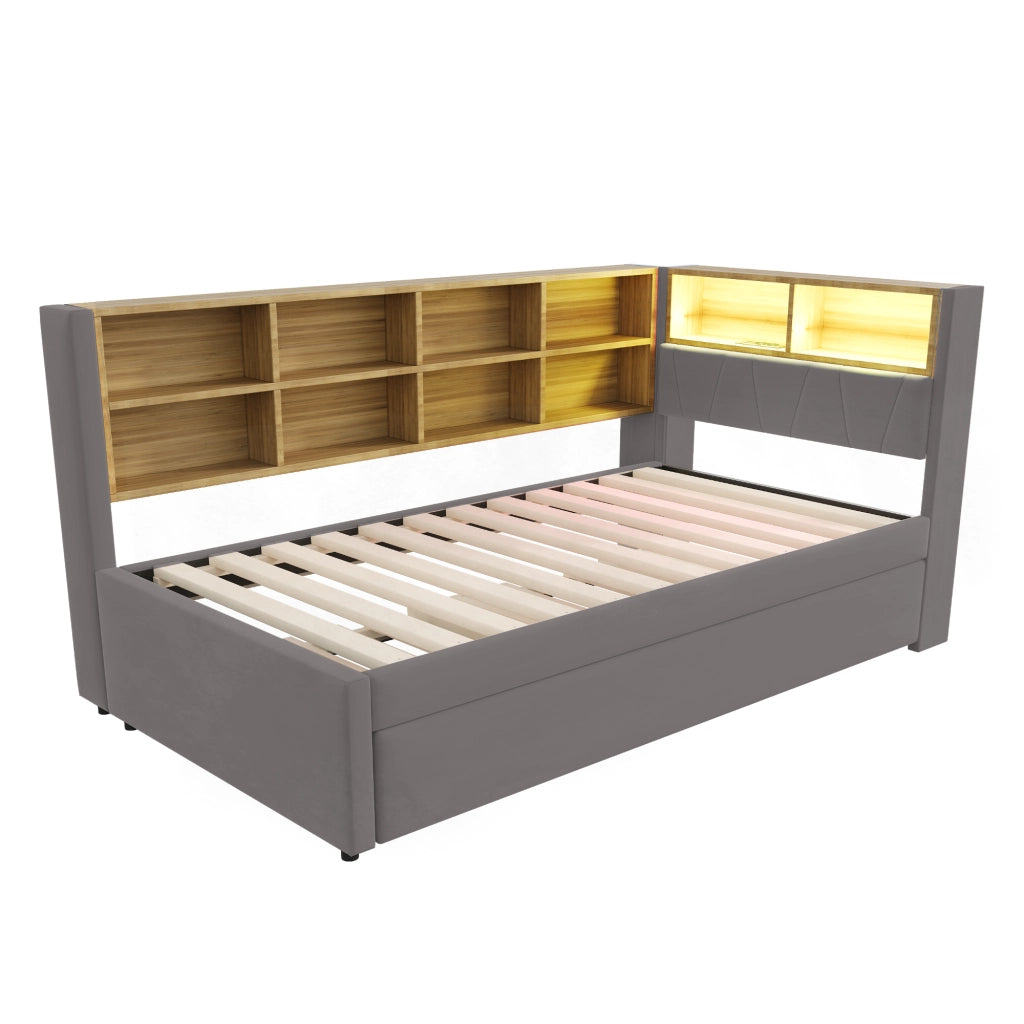 OKWISH Letto Divano Estraibile 90×200 cm, Letto 2 Posti con LED, USB, Tipo C e Prese, Scomparti, senza Materasso, Flanella, Grigio Scuro