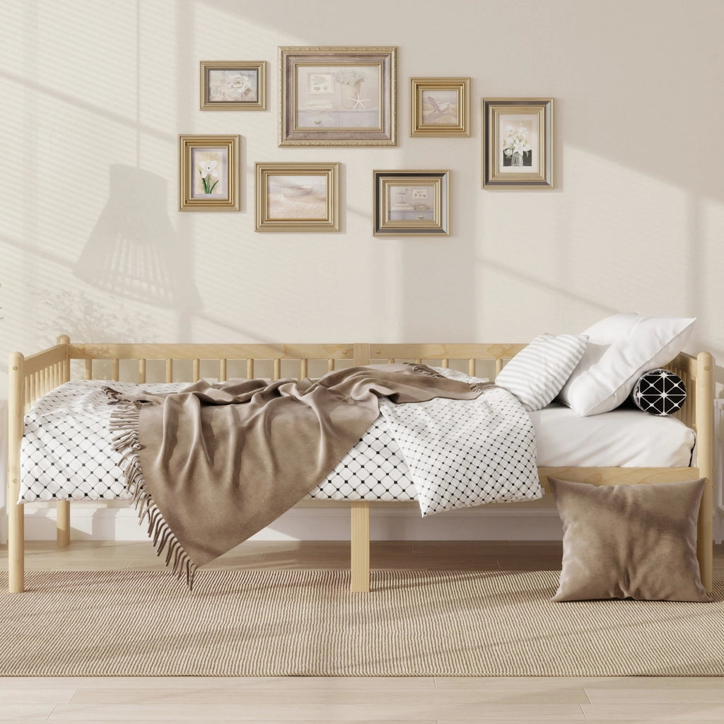 Letto basso 90 × 200 cm con sponde su 3 lati, spazio sotto il letto, senza materasso, in pino naturale