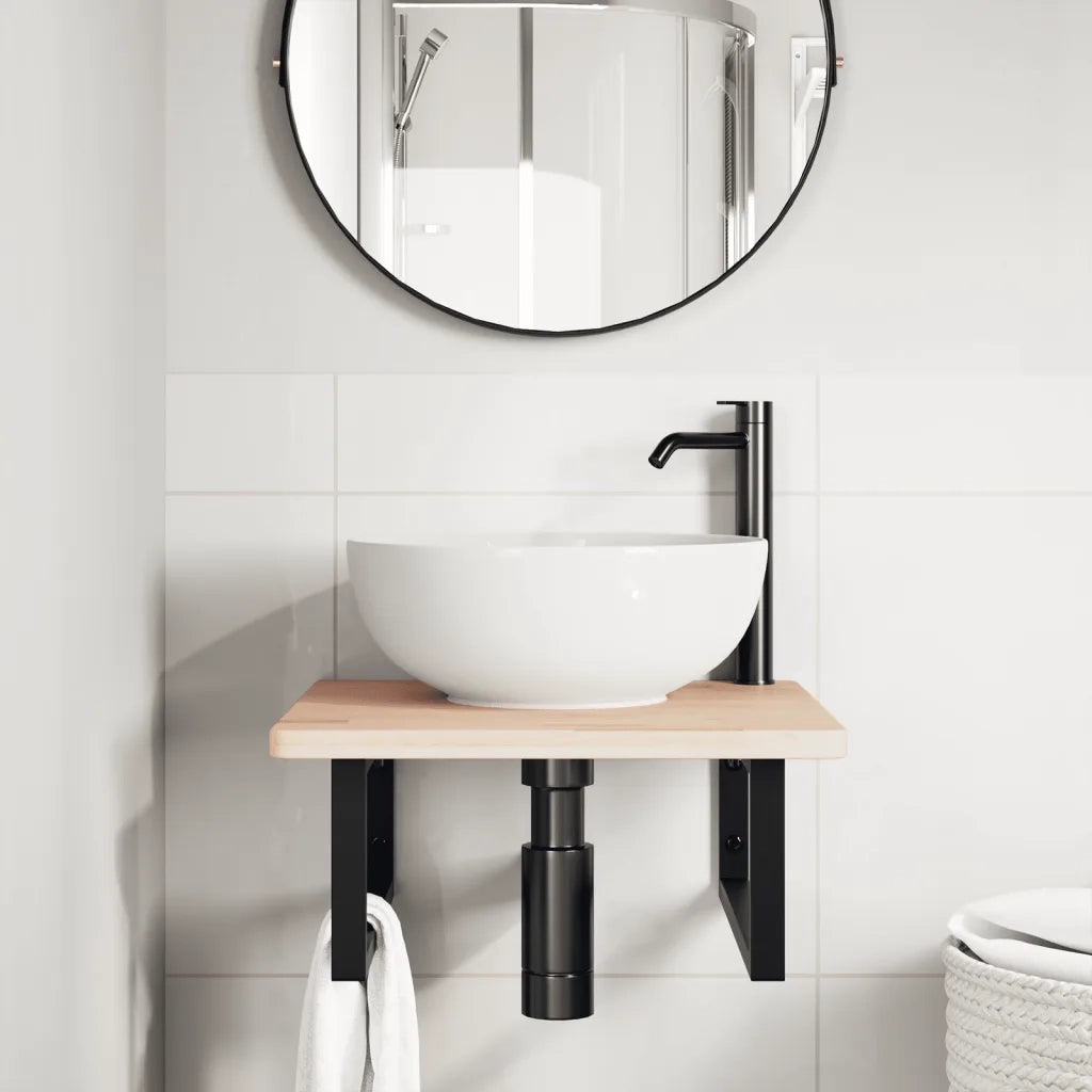 Ripiano a Parete per Lavabo in Acciaio e Massello di Rovere