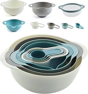 Set di 8 contenitori in plastica antiscivolo, composto da 2 x contenitori, 1 x setaccio, 4 x misurini, 1 x setaccio, piatti da servizio in legno, set di misurini, contenitore multifunzione per cucina (blu)