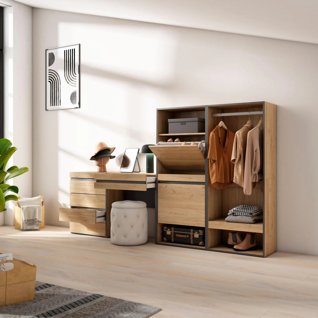 Scarpiera, 247x35x145cm, Camera da letto, Armadio Aperto, Cassettiera, Tavolo da toeletta, colore Rovere RF3539