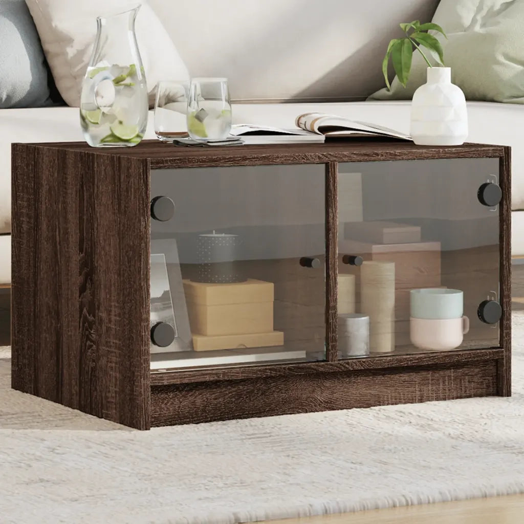 Tavolino da Salotto con Ante in Vetro-Tavolino da soggiorno Rovere Marrone 68x50x42cm