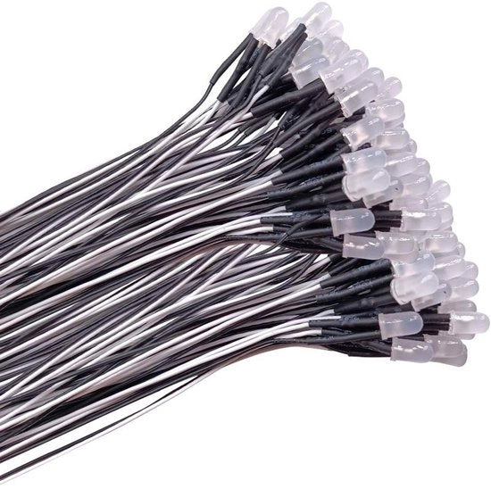 Diodi LED 100 pezzi - Preinstallati 5mm - Lente colorante diffusa - 12V - Lunghezza del cavo 20cm - Durata 50.000 ore - Lampadine LED