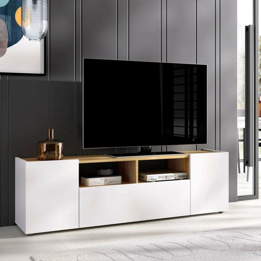 Mobile porta TV Vulcano, Credenza bassa da soggiorno, Madia da salotto per televisione, 142x35h44 cm, Bianco e Rovere Nodi