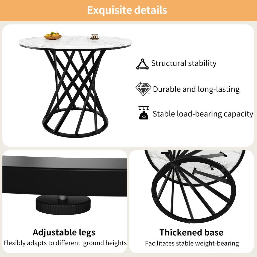 Tavolo da pranzo rotondo con 4 sedie in velluto ¨C MINIMAL ¨C ?80cm, piano bianco, gambe in metallo nero