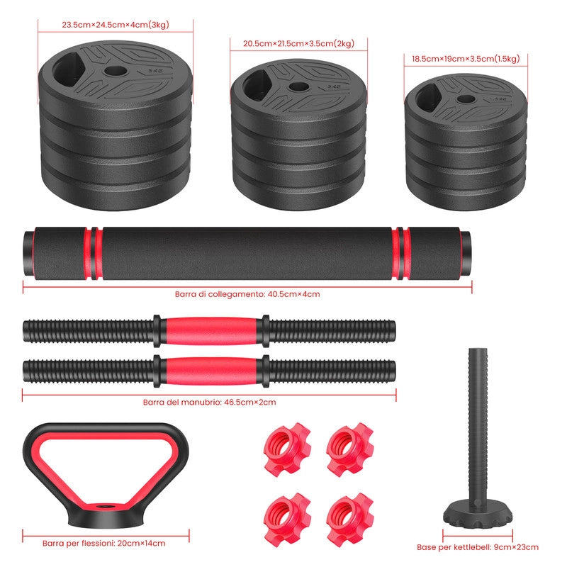 Set Manubri Regolabili 4 in 1 Multifunzionale, Trasformabile in Bilanciere Kettlebell Supporto Flessioni, Dadi Blocco Sicuro, Risparmio Spazio