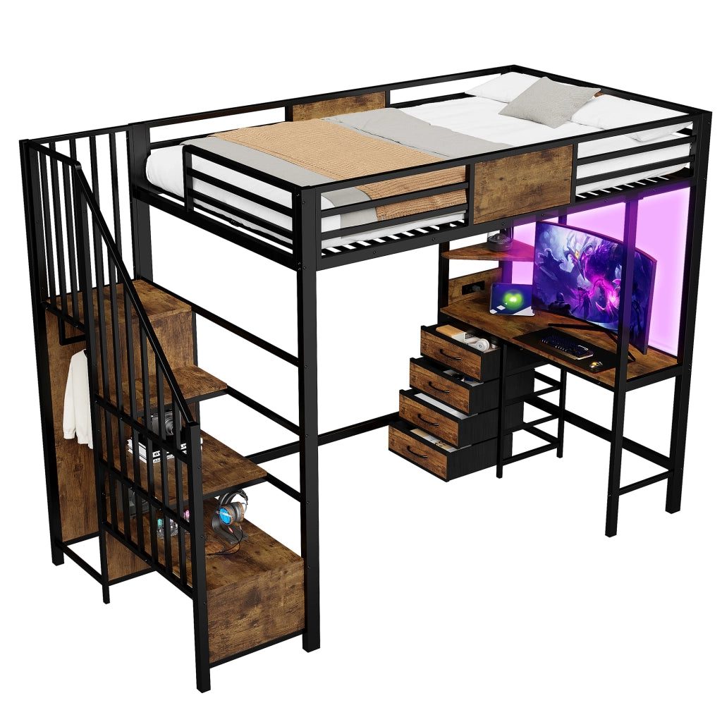 Letto a Soppalco; Letto Singolo con Scrivania; Ripiani; Appendiabiti e LED; 90 x 200 cm; senza Materasso