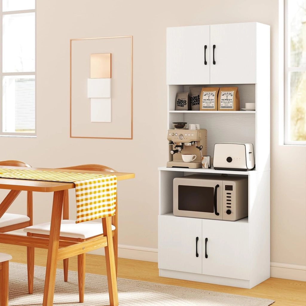 Armadietto portaoggetti con prese elettriche, credenza da cucina stretta, indipendente, a 4 porte, forno a microonde e 2 ripiani regolabili, mobile di immagazzinaggio per soggiorno e sala da