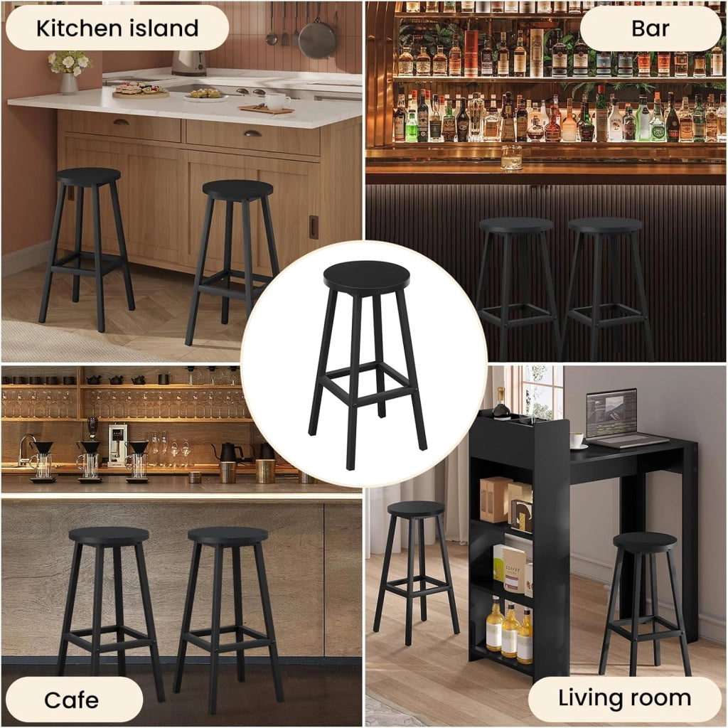 Sgabello da Bar Set di 2, Sgabello da Cucina con Poggiapiedi, Sgabello Alto in Stile Moderno/Industriale per Bar, Caffè, Isola della Cucina, Nero, K0007BH-2