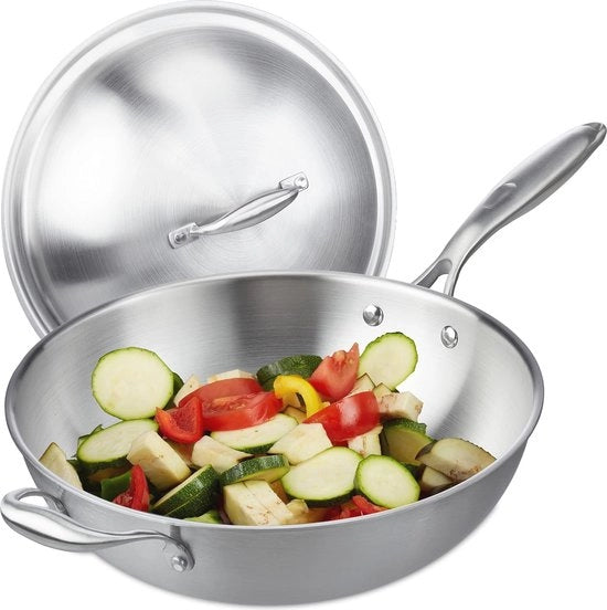 Wokpan in Acciaio Inox Senza Anticongelante - Adatto per Gas, Elettrico e Induzione - Con Coperchio