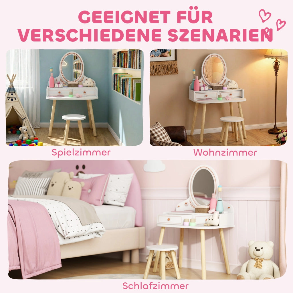 Tavolo trucco e toeletta per bambini con specchio, cassetti e sgabello ¨C Minimal ¨C 56x38x87,8 cm bianco