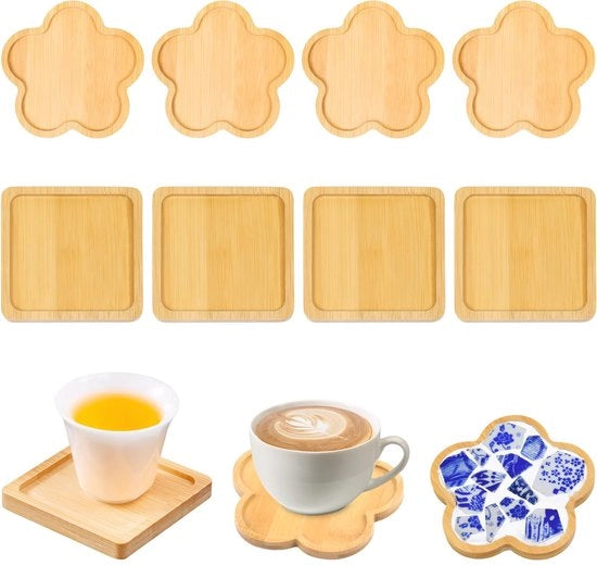 Set di 8 sottopiani in bambù, sottopiani per mosaico: 4 fiori (11,5 cm x 11,5 cm) e 4 sei angoli (9 cm x 9 cm), antiscivolo, resistente al calore e duraturo, ideale per bicchieri, tazze, protezione da tavolo e decorazione domestica (B)