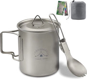 Tazza da campeggio in titanio, tazza da campeggio in titanio con coperchio, 99,8% tazza da campeggio in titanio con cucchiaio e sacchetto portatile (450 ml)