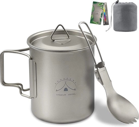 Tazza da campeggio in titanio, tazza da campeggio in titanio con coperchio, 99,8% tazza da campeggio in titanio con cucchiaio e sacchetto portatile (450 ml)
