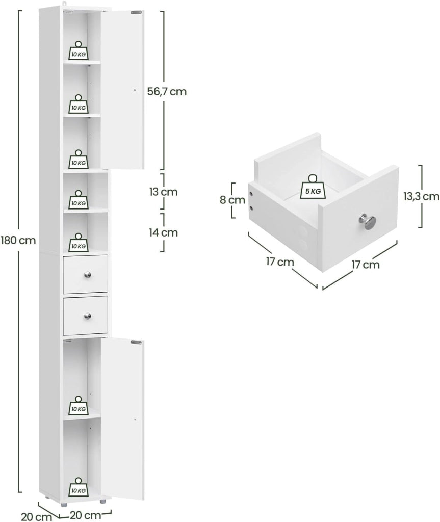 Armadio Alto da Bagno, Mobiletto da Bagno, Colonna Bagno Stretta, 20 x 20 x 180 cm, Mobiletto Salvaspazio Stretto, con Ripiani Regolabili, per Spazi Ridotti, Soggiorno, Corridoio, Bianco 0257WY