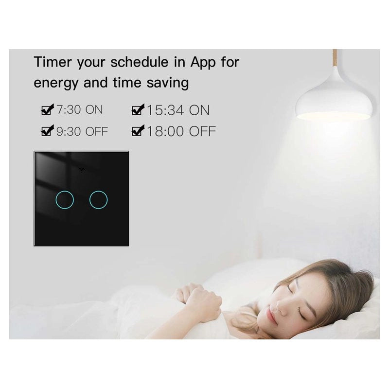 Interruttore Wifi Da Parete 86X86 Pannello Touch 2 Tasti Colore Nero WiFi + RF 433 Compatibile con Amazon Alexa e Google Home