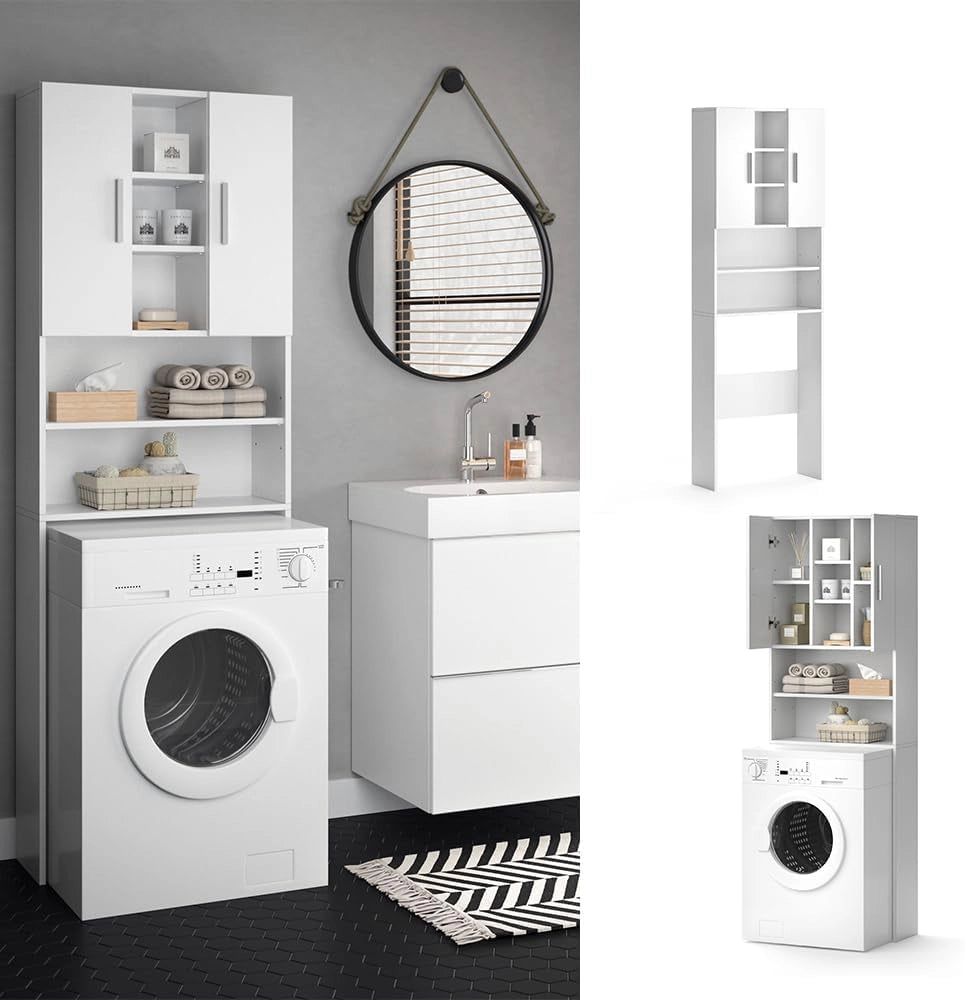 Mobile per lavatrice Luis, Bianco, 64 x 190 cm, per la conservazione di detersivi e accessori da bagno