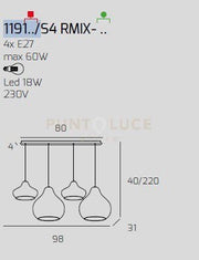 SOSP. CROMO 4 LUCI RETTANGOLARE VETRI (2 X PICCOLO + 2 X GRANDE) TUTTI RUBINO 1191CR-S4 RMIX-RU