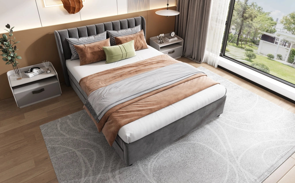Letto imbottito 140x200 cm in velluto grigio con testiera, rete a doghe e 2 cassetti