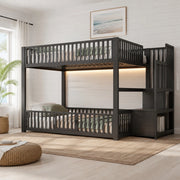 Letto a castello basso 140x200 cm con scala contenitore e LED; nero