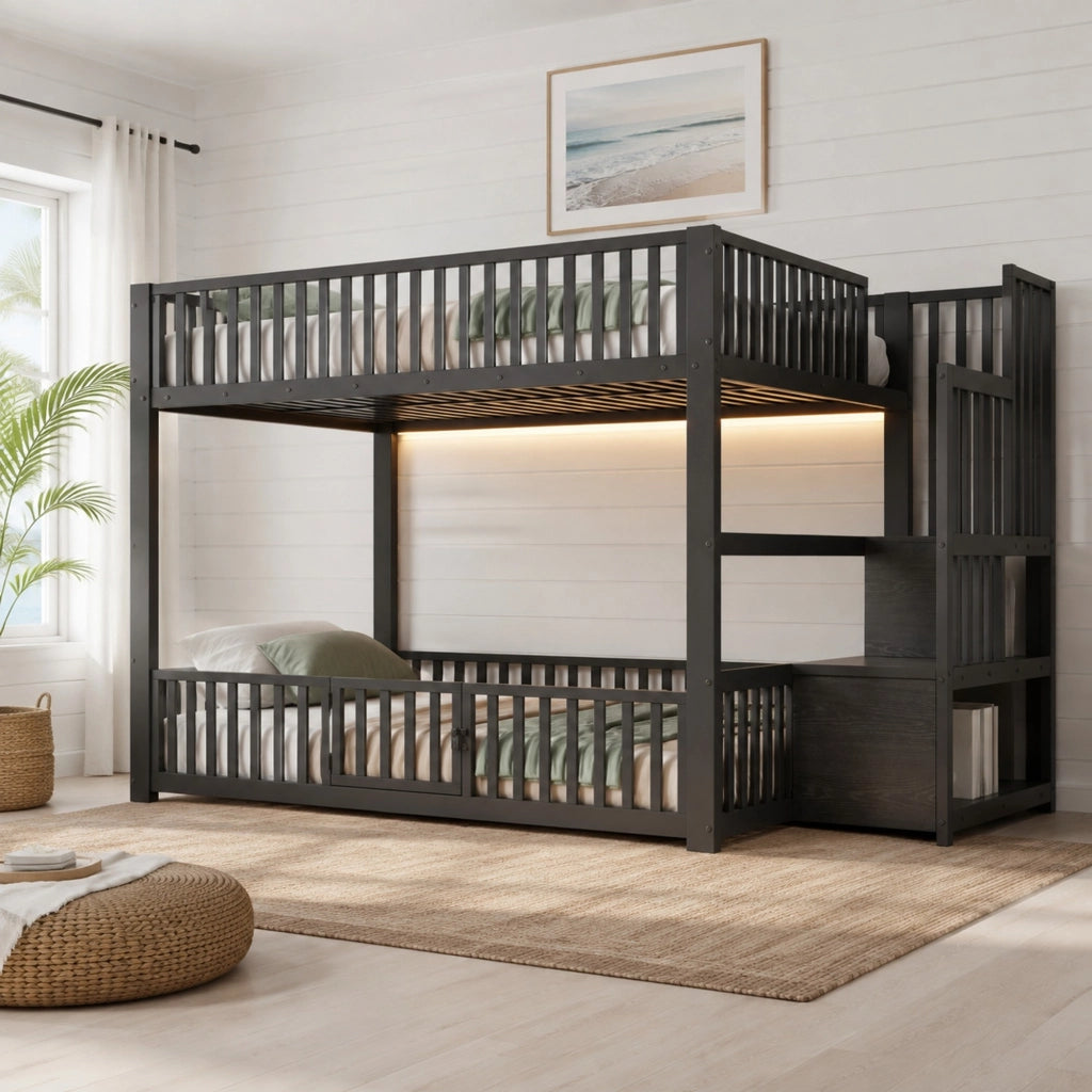 Letto a castello basso 140x200 cm con scala contenitore e LED; nero
