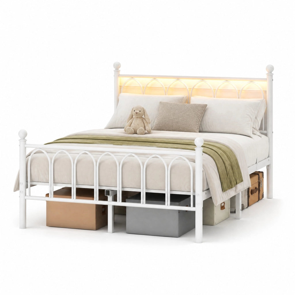 Struttura letto in metallo 120x200 cm con testiera alta, USB, LED e spazio contenitore, bianco