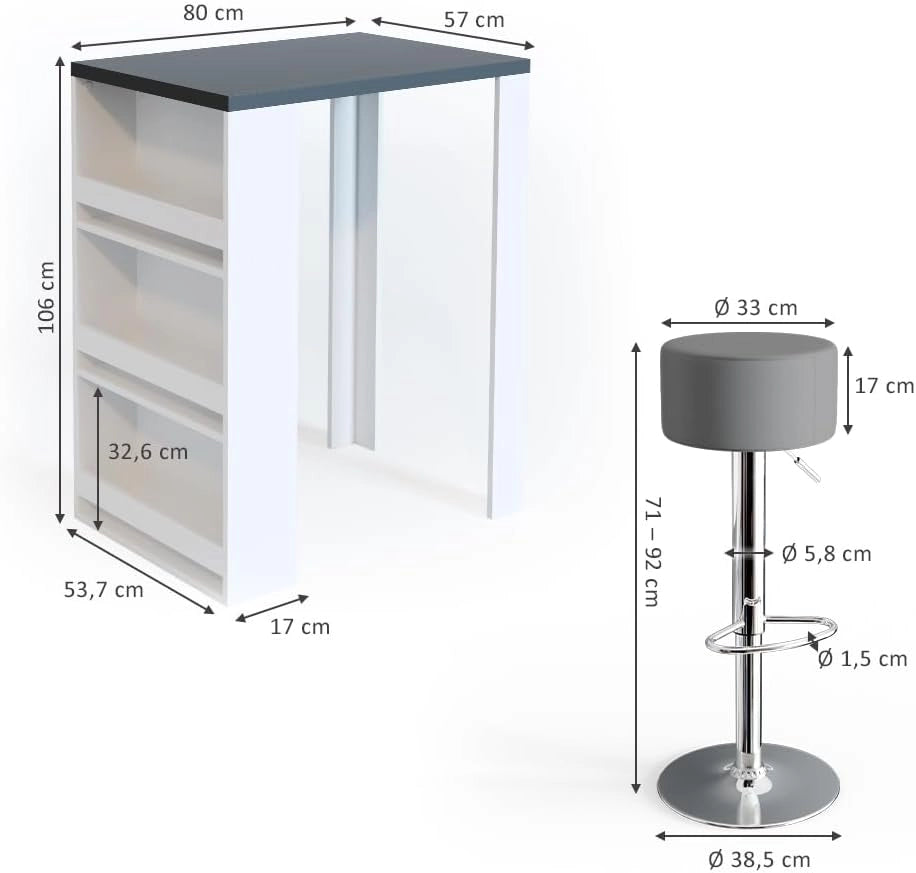 Tavolo bar con sgabelli, Antracite/bianco, 57 x 80 cm con 2 sgabelli da bar, per un utilizzo flessibile come zona pranzo o area di lavoro