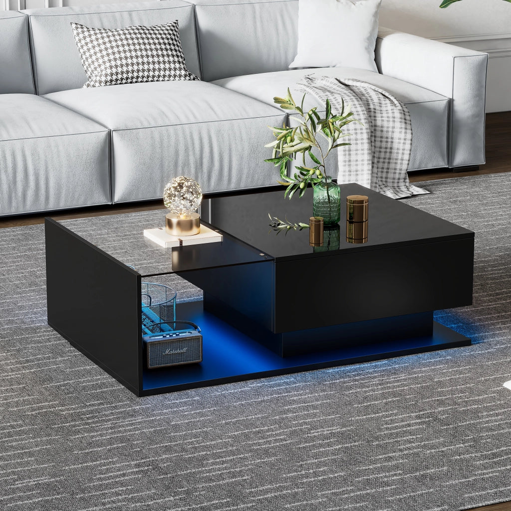 Tavolino da salotto 100x50x32 cm; piano lucido antigraffio con cassetto; truciolare e vetro; nero