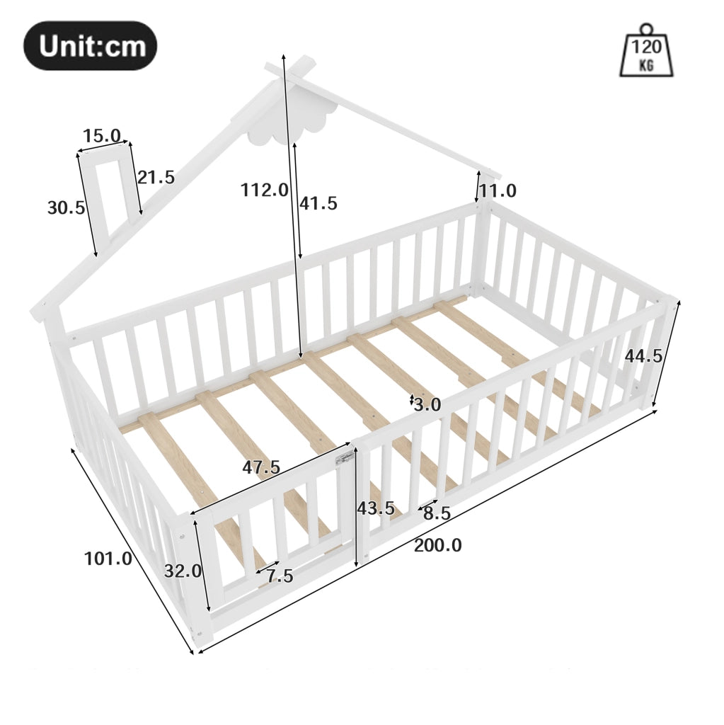 Letto per bambini 90x190 cm; casetta con sponda di sicurezza; legno e MDF; bianco (Senza materasso)