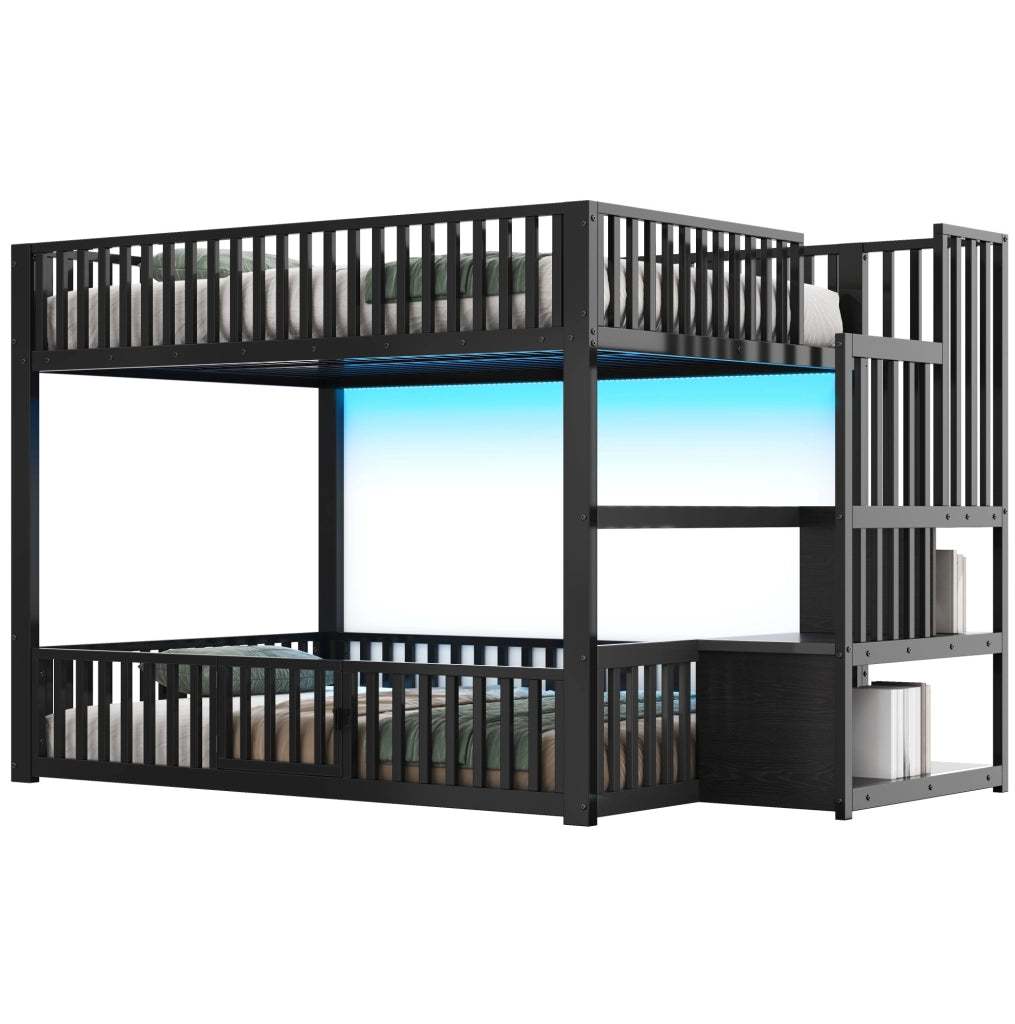 Letto a castello basso 140x200 cm con scala contenitore e LED; nero