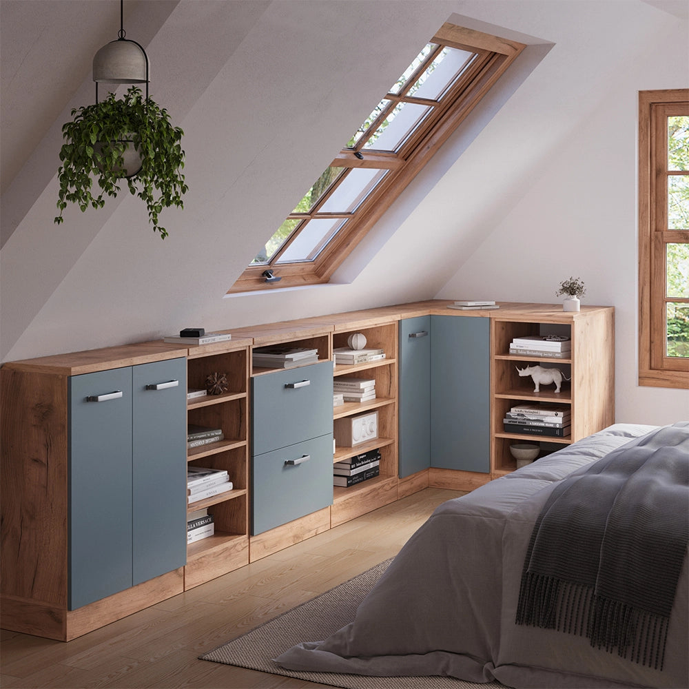 Mobile cucina angolare per sottotetto R-Line Grigio-blu/Rovere dorato 75.6 cm con 1 porta, carcassa dell’armadio profondità 60 cm Vicco