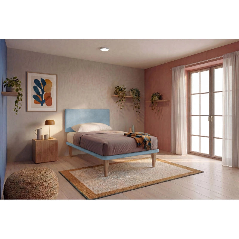 Letto imbottito Singolo 80x190 cm Flat - Con rete,Microfibra,Azzurro
